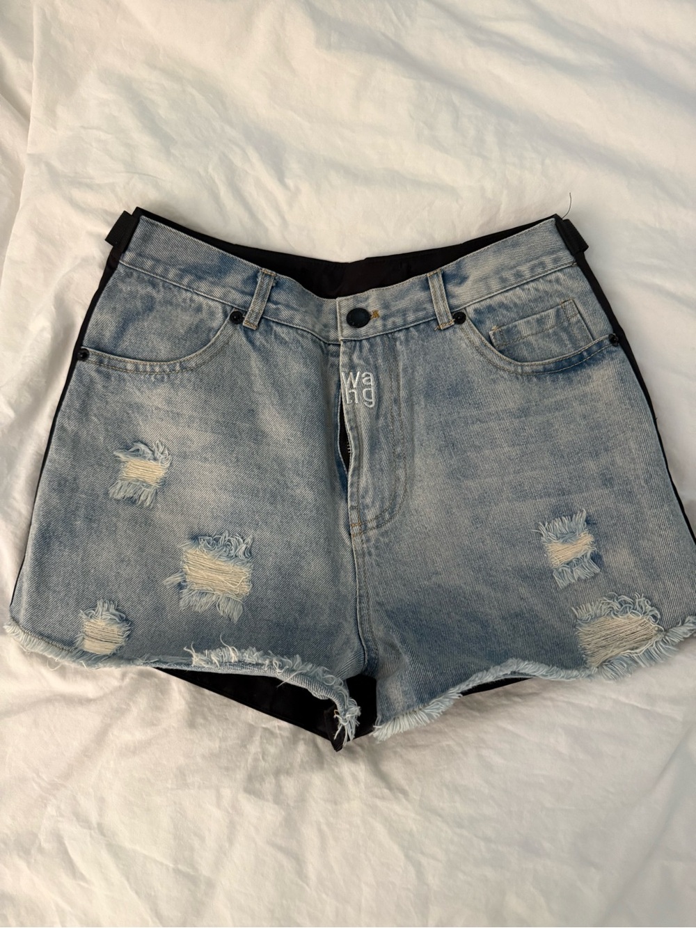Alexander Wang Washed Blue and Black Distressed Denim Shorts